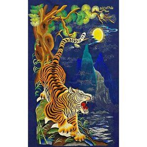 Vintage Handcrafted Embroidered Tiger Tapestry 8Le H Thai Oriental Asian Exotic